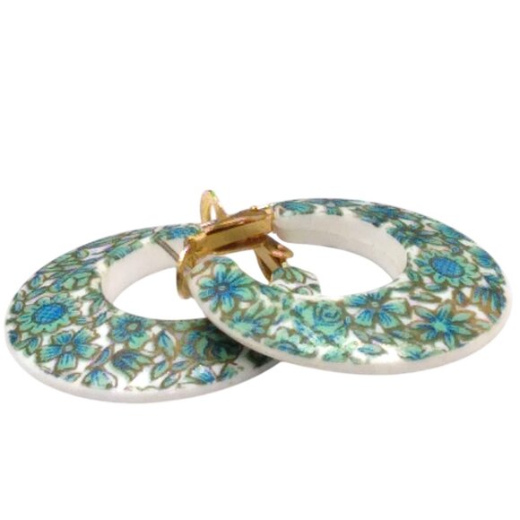Vintage Floral Plastic Hoop Earrings, Retro Blue and Green Flowers, Hong Kong - Picture 2 of 4